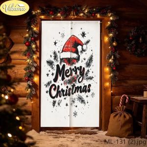 VIKAMA Christmas Window Tabby Cat Snow Cabin Door Curtain Wooden Frame Kitty Hat Winter House Holly Bell Gift Holiday Linen Soft