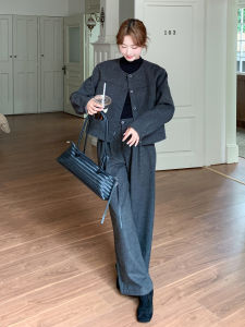 Grey French Elegant Old Money Style Woolen Suit Pants Womens Autumn 2025 New Short Jacket Wide Leg Pants Two Piece Set