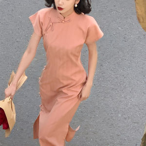 Pink Qipao Young Girl Vintage Style High Slit Daily Wear Polyester Fiber Short Sleeve Long Qipao for College Students