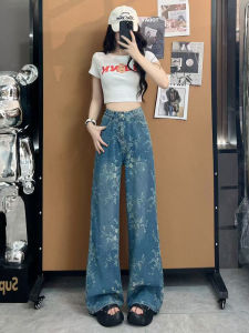 Womens Wide Leg Floral Print Jeans High Waist Straight Cut Thin Summer Casual Loose Fit Bootcut Pants Cotton Polyester Blend