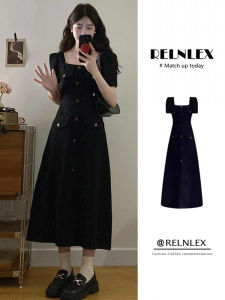 RELNLEX | Đầm Denim Đen Phong Cách Retro Pháp Dành Cho Giảm Cân