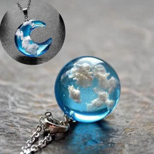 C.three Blue Sky White Cloud Necklace Transparent Round Pendant Clavicle Chain White Moonlight Necklace