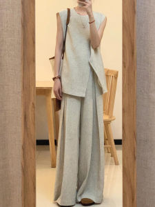 Summer Fashion High-End Lady Sleeveless Top Asymmetrical Drape Wide Leg Pants Two-Piece Set Womens Clothing Ensemble