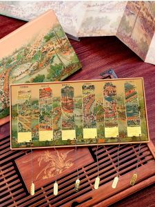Metal Bookmarks Straight Ruler Tassel Pecan Wood Pen Classical Style Gift Box Qingming Shanghe Picture Chinese Cultural Supplies