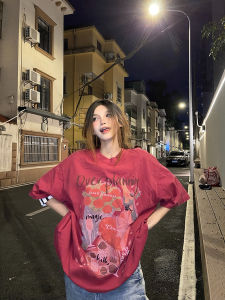 Washed Vintage Short Sleeve round Neck T-Shirt Women Loose Fit Cotton Streetwear Summer White Enhancing Casual Tee