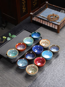Tea Cup Master Cup Kung Fu Tea Cup Small Tea Bowl-Shaped 12 PCs Suit Ceramic Fambe Jianzhan Tea Cup Home Gifts