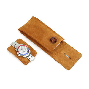 CONTACTS FAMILY Cow Suede Leather Single Slot Watch Bag Watches Soft Protective Holder Travel Protable case Handmade Wooden Button Gift for Father&Friends