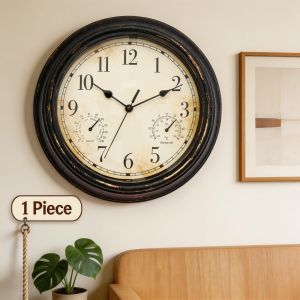 Wall Clock Outdoor Garden Wall Clock with Thermometer Water-proof Room Decoration Clocks Battery Operated for Garden Home Decor