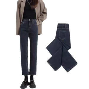 Quần Jeans Denim Ống Thẳng Lót Lông Cừu Dày Cho Nữ Thu Đông Quần Ống Thẳng Ôm Dáng Cạp Cao Co Giãn Thời Trang Cho Người Lớn