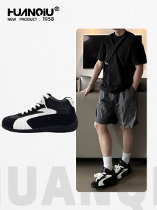 High Top Mens Shoes Global Heightening Dequn Black Thick Bottom Casual Shoes Leather Splicing round Toe Daily Wear