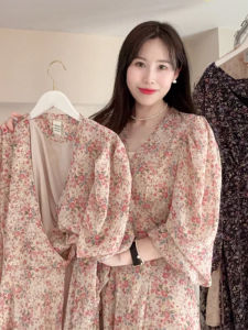 Pink Floral Print Tea Break French Style Tourist Wear Womens Dress Spring Summer A-Line Midi Dress Casual High Waist Long Sleeve