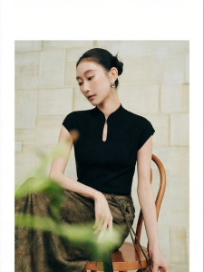 SUSHE | Fitted Chinese Water Drop Stand Collar Top Black