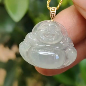 New Listing crafted as Milo Buddha on Natural Type A Jadeite Jade as Pendant with 18k Clasp certificate weighs 3.97 grams measurement 19.3 * 23.3 * 6.3 mm (18kp89)