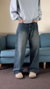 Celana Jeans Pria Baggy Retro Biru Standar Korean Style Cowok Vintage Denim Blue Jeans Casual Kekinian Washed Jeans Boyfriend Jumbo Pinggang Karet Kece Terbaru
