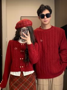 เสื้อสเวตเตอร์สีแดงสำหรับคู่รัก ฤดูใบไม้ร่วง/ฤดูหนาว วันคริสต์มาส ปีใหม่ ปีเกิด งานแต่งงาน งานแต่งงาน 2025 ปีใหม่