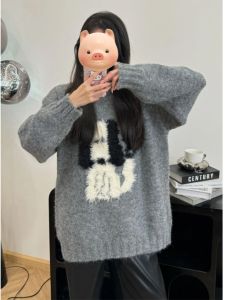 BINKAFENNY | Soft Plush Korean Style Lazy Dog Print Womens Sweater Loose Outerwear Knitted Top For Autumn Winter Comfortable Breathable