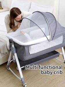 Multifunctional Crib  five-position liftable crib with changing table Movable baby cradle bed Stainless steel feet safe crib