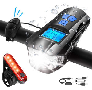 Bike Light SetBicycle Headlight with Horn and Speedometer OdometerUSB Rechargeable Bike Front Light and Tail Light