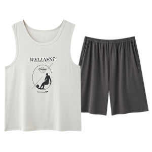 Miiow | Mens Ice Silk Sleepwear Summer New Style Cool Feeling Vest Loose Large Size Can Wear Outdoor Home Clothes Set Simple Design
