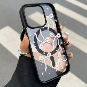 Luxury Magnetic Bow Knot Phone Case For iPhone 17 Pro Max 13 11 16 15 14 12 17promax Shockproof Acrylic Matte Cover With Lanyard
