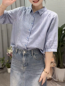 QINGNAER | Slimming Korean Style Stripe Summer Short Sleeve Shirt