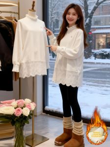 Shalldoer | Long Sleeve Lace Trim Plus Fleece T-Shirt loose fit round neck
