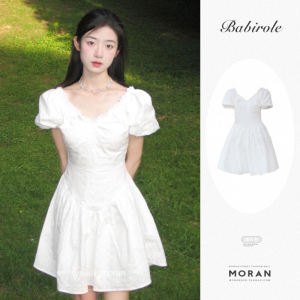 Tea Break Short Skirt in White with V-Neck and Puff Sleeves High Waist Cotton Princess-Style Dress for Summer
