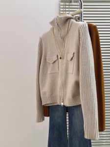 QINGNAER | Retro Lazy Style Easy-match Almond Color High-waist Knit Coat