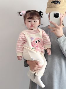 เสื้อผ้าเด็กแขนยาวลายทางลายการ์ตูนสำหรับเด็กผู้หญิง เสื้อคลุมกันหนาวแบบสวมหัว ชุดเด็ก ผ้าฝ้ายผสมโพลีเอสเตอร์ เสื้อคลุมกันหนาวสำหรับเด็ก เสื้อผ้าเด็ก