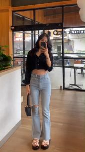 Celana Jeans Cutbray Sobek Wanita Hightwaist Casual Panjang Cewek Stretch
