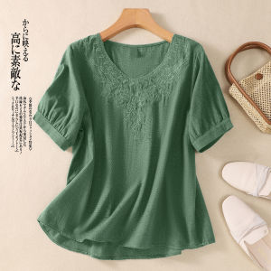Retro Embroidered Cotton Linen Short Sleeve T-Shirt Womens Summer New Design Loose Versatile Belly Cover Trendy Top