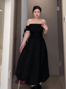 ชุดเดรสยาวแขนกุดสีดำสไตล์ฝรั่งเศส กระโปรงทรงเอเอวสูง ทรงเข้ารูป สำหรับผู้หญิงไซส์ใหญ่ ทรงเข้ารูป แขนสั้น ทรงเข้ารูป