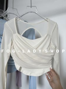 Classy Fairy-Light French Mesh Yoga Clothing Top Pilates Long Sleeves Athletic Clothing with Chest Pad Fitness T-shirt Short