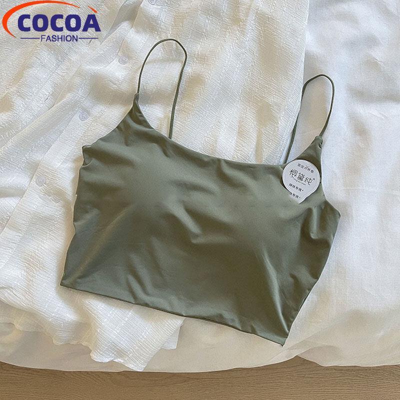 COCOAFashion Solid Color Short Ice Silk Camisole Women Singlet Inner Tank Top Sleeveless Undershirt with Padded
