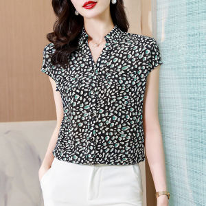 NVSHENJI | Silk Shirt Womens Short Sleeve Fashionable Printed Double Gauze Hangzhou Mulberry Silk Top Korean Style V-neck Breathable Thin