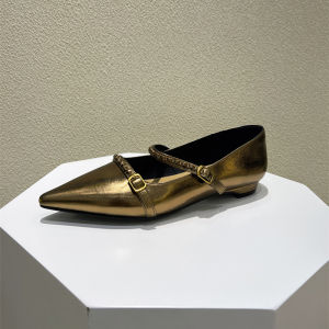 Gold Flat Heels Mary Janes Chain Detail Fashionable Leather Womens Shoes Pointed Toe Slip-On Low Rubber Sole Casual Footwear