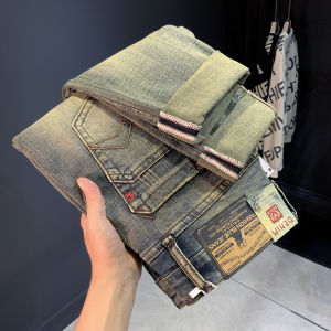 Winter Fleece-lined Thick Jeans Mens Stretch Retro Distressed Trendy Embroidered Slim Fit Straight Casual Mens Long Trousers