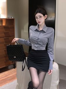 Gray Shirt Womens Slim Fit Long Sleeve Short Length Wrap around Skirt Spring Autumn Design Sense Pleated Waist Polo Collar