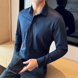 Business Casual Long Sleeve Shirt Zipper Pure Color Drapey Elastic Standard Fit Fashion Urban Style Polyester Spandex Blend