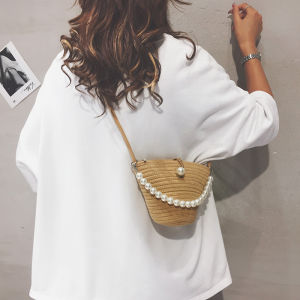New Chinese Style Woven Straw Bucket Bag for Women Summer Beach Crossbody Pearl Phone Bag Handbag Soft Shoulder Bag