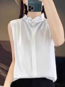 Áo Vest Lót Satin Axit Cho Nữ Mùa Thu Cổ Đứng Không Tay Áo Sơ Mi Kiểu Pháp Chất Liệu Polyester Màu Trơn Phong Cách Công Sở Hàn Quốc