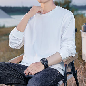 Long Sleeve Pure Cotton T-Shirt Mens Loose Fit Thick round Neck Spring Autumn Solid Color Casual Fashion Urban Style