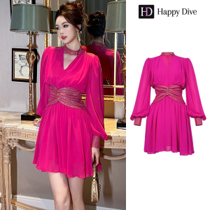 Happy Diva เดรสผู้หญิง เดรสสีบานเย็น เดรสทรงเอ เดรสชีฟอง เดรสทำงาน เดรสไฮโซ เดรสวินเทจ เดรสออกงาน เดรสปาร์ตี้ ชุดราตรี 91048