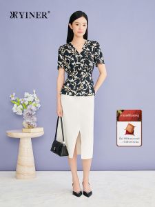 YINER | Elegant V-neck Beaded Artistic Print Fitted Top