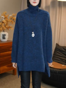 QINGNAER | Plus Size Lazy Blue High Neck Irregular Hem Long Sleeve Knit Sweater