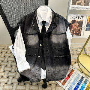 American Ripped Denim Vest Mens Summer Fashion Brand Sleeveless Tank Top Fashion Lapel Cargo Jacket Coat