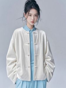 Elegant Simple White Velvet Coat round Neck Winter New Arrival Korean Style High Waist Jacket for Pear And Straight Body Type