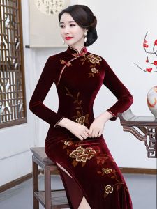 Elegant Wedding Dress Cheongsam Velvet Material for Women Fashionable City Style Long Sleeve Slim Fit Perfect for Wedding Banquet