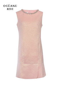 OCEANE Pink A-Line Skirt Slimming Commute Style Versatile Beaded Mid-Length Polyester Fiber round Neck Zipper Closure Dress