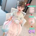 Traditional Chinese Hanfu kids costume dress with free tattoo bag hair clips for Chinese New Year and dinner party event. 